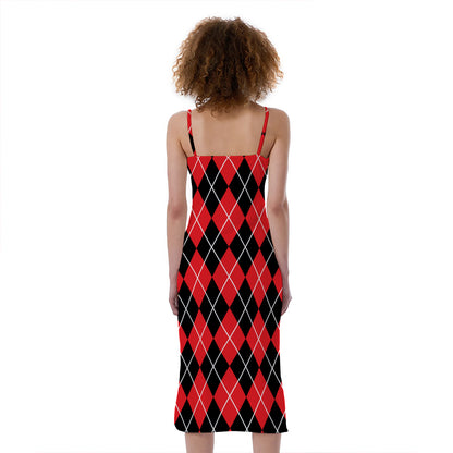 Black And Red Argyle Pattern Print Slim Fit Midi Cami Dress
