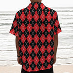 Black And Red Argyle Pattern Print Textured Short Sleeve Shirt
