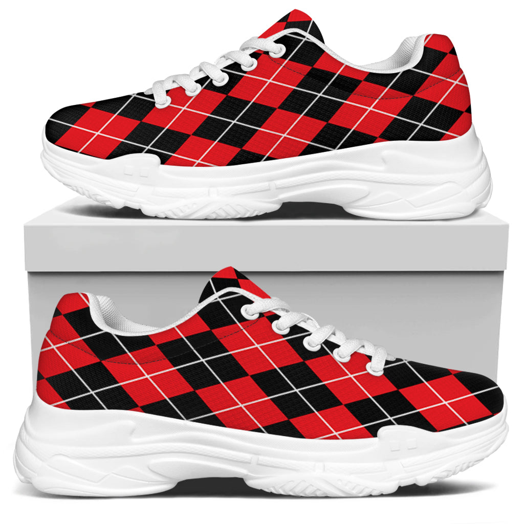 Black And Red Argyle Pattern Print White Chunky Shoes
