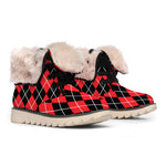 Black And Red Argyle Pattern Print Winter Boots