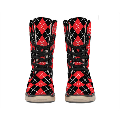 Black And Red Argyle Pattern Print Winter Boots