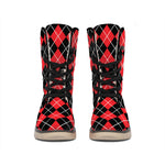 Black And Red Argyle Pattern Print Winter Boots