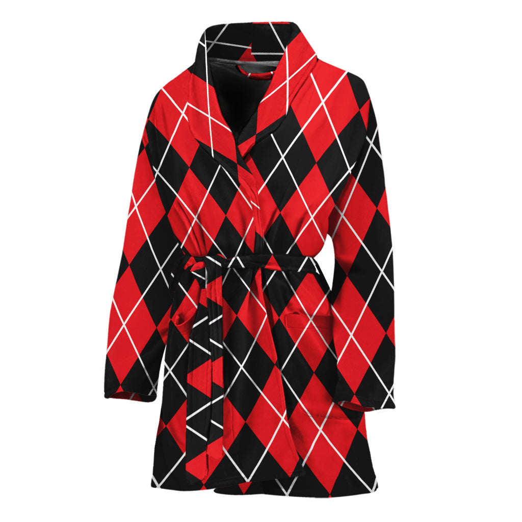 Black And Red Argyle Pattern Print Women's Bathrobe