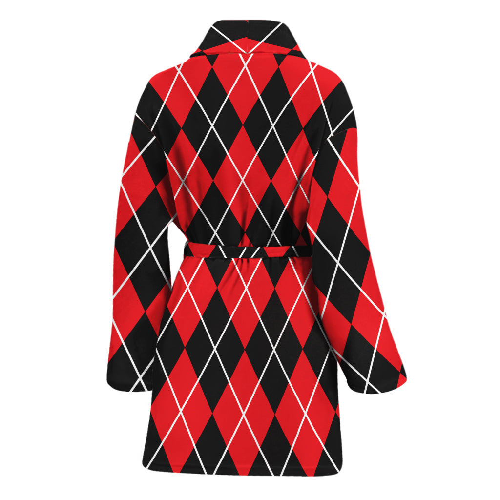 Black And Red Argyle Pattern Print Women's Bathrobe