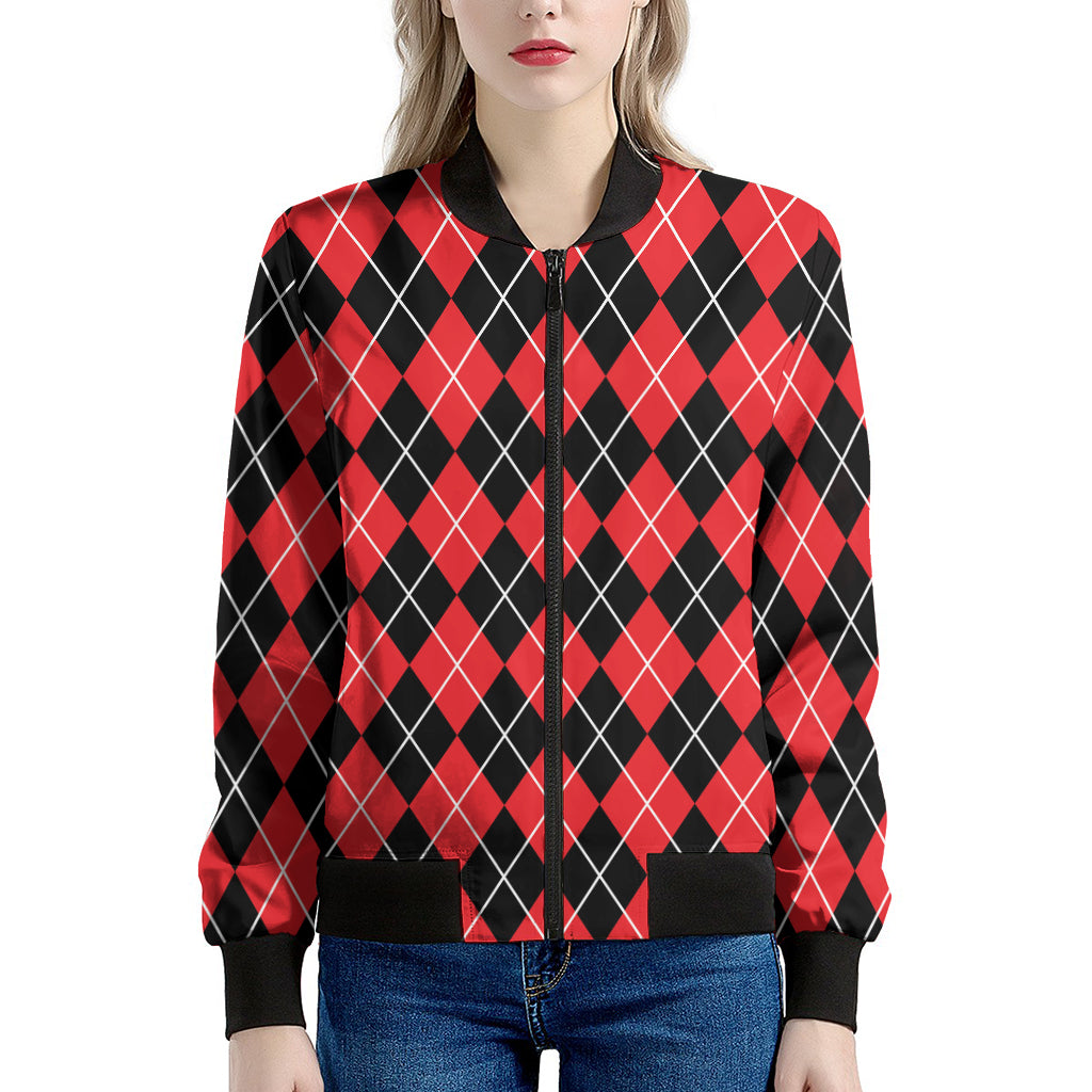 Black And Red Argyle Pattern Print Women's Bomber Jacket