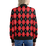 Black And Red Argyle Pattern Print Women's Bomber Jacket