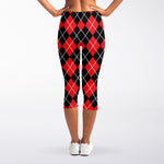 Black And Red Argyle Pattern Print Women's Capri Leggings