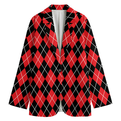 Black And Red Argyle Pattern Print Women's Cotton Blazer