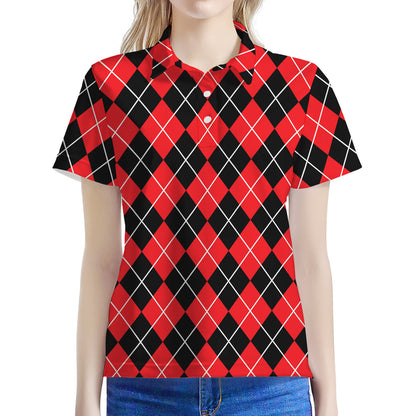Black And Red Argyle Pattern Print Women's Polo Shirt