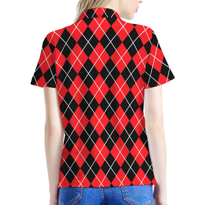 Black And Red Argyle Pattern Print Women's Polo Shirt