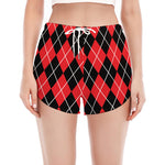 Black And Red Argyle Pattern Print Women's Split Running Shorts