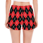 Black And Red Argyle Pattern Print Women's Split Running Shorts