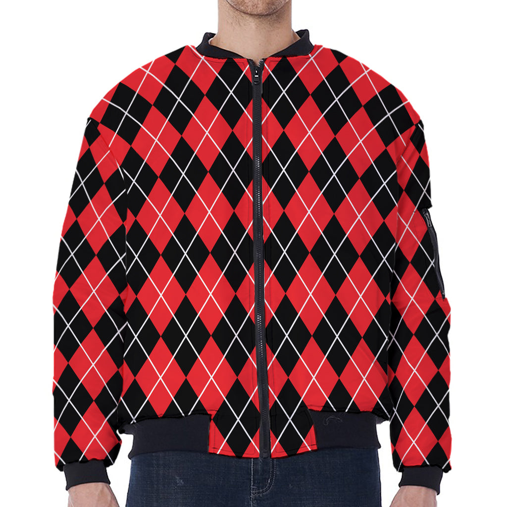 Black And Red Argyle Pattern Print Zip Sleeve Bomber Jacket