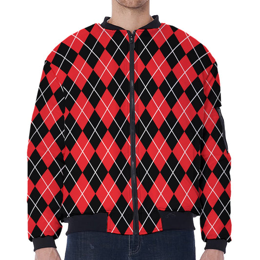 Black And Red Argyle Pattern Print Zip Sleeve Bomber Jacket
