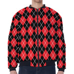 Black And Red Argyle Pattern Print Zip Sleeve Bomber Jacket