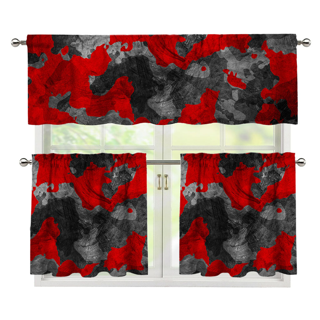 Black And Red Camouflage Print 3 Piece Kitchen Curtains