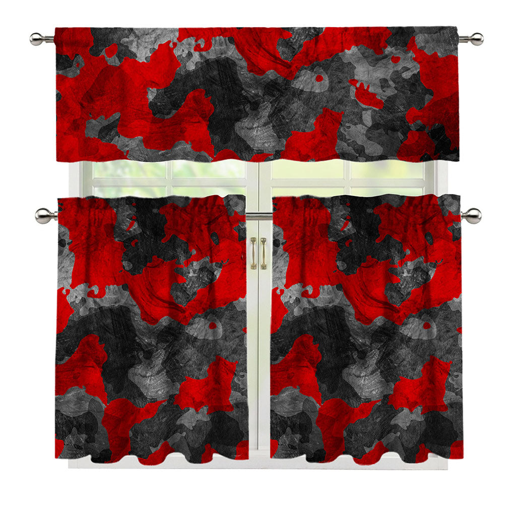 Black And Red Camouflage Print 3 Piece Kitchen Curtains