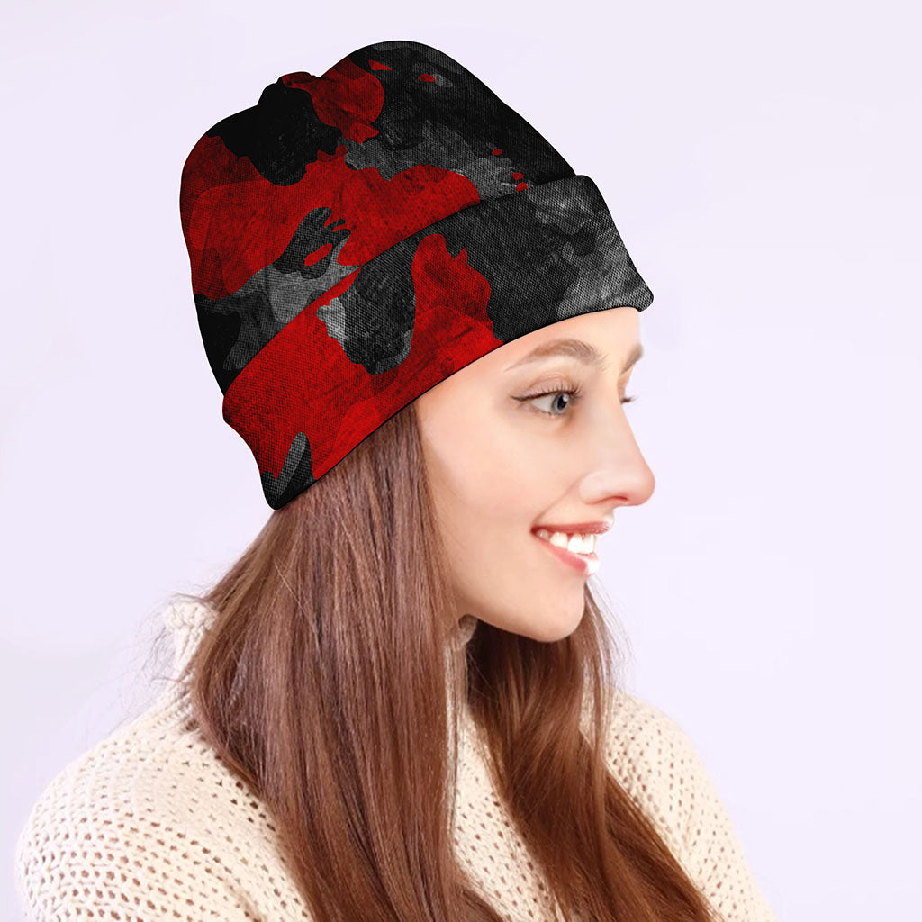 Black And Red Camouflage Print Beanie