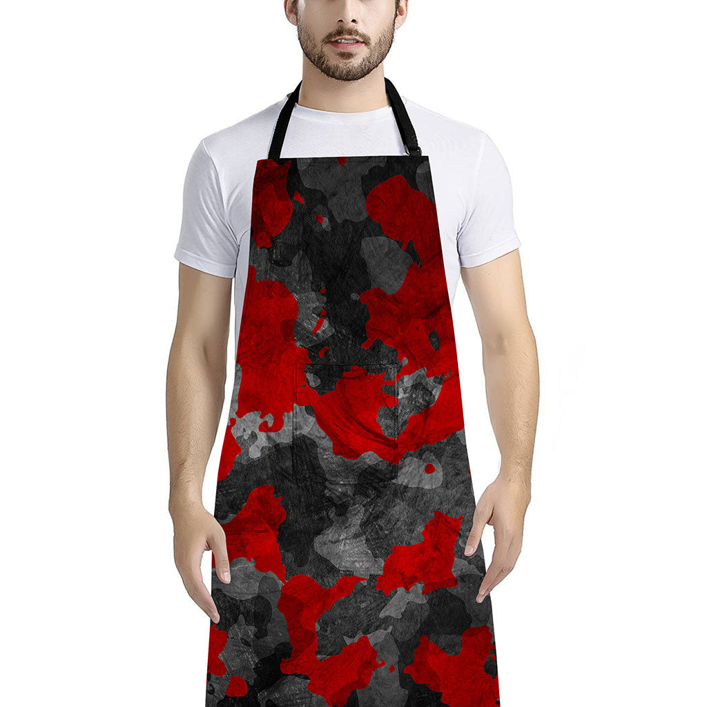 Black And Red Camouflage Print Bib Apron With Pocket