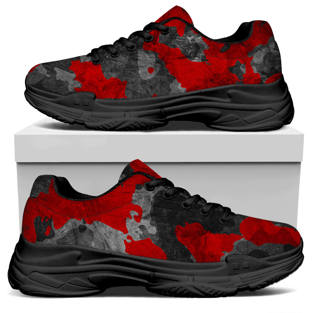 Black And Red Camouflage Print Black Chunky Shoes