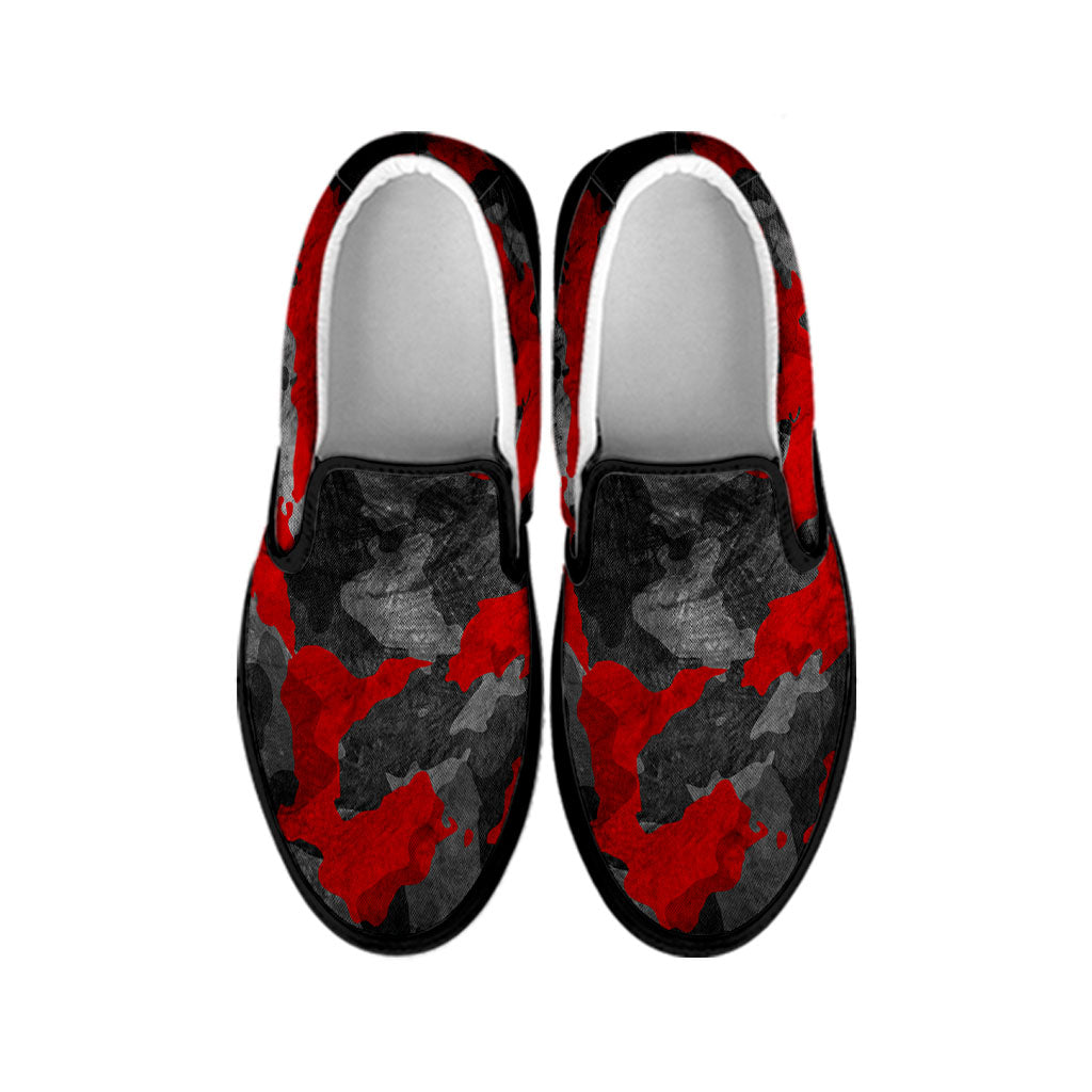 Black And Red Camouflage Print Black Slip On Sneakers