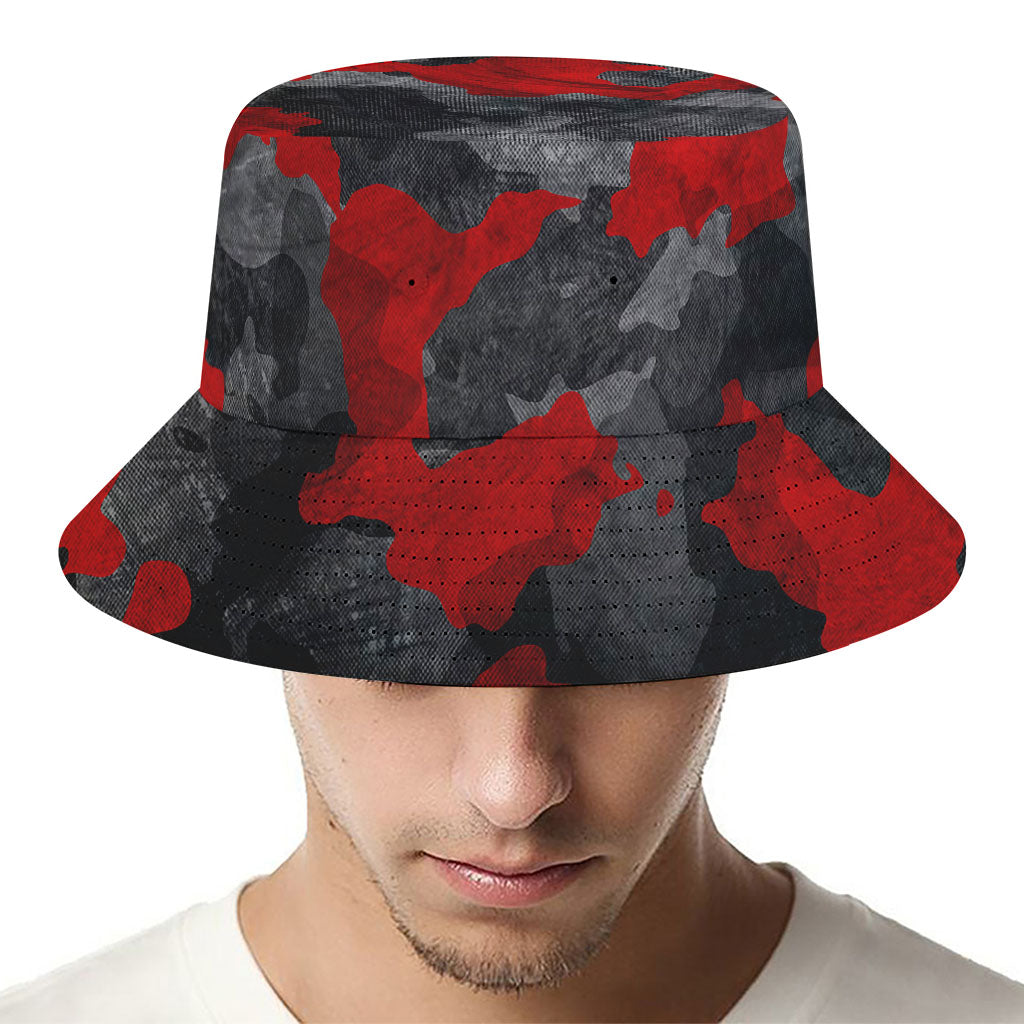 Black And Red Camouflage Print Bucket Hat