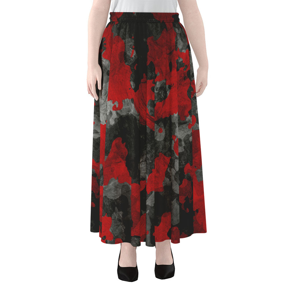 Black And Red Camouflage Print Chiffon Maxi Skirt