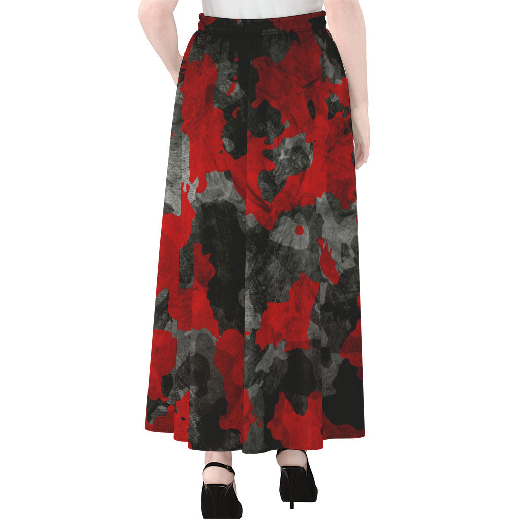 Black And Red Camouflage Print Chiffon Maxi Skirt