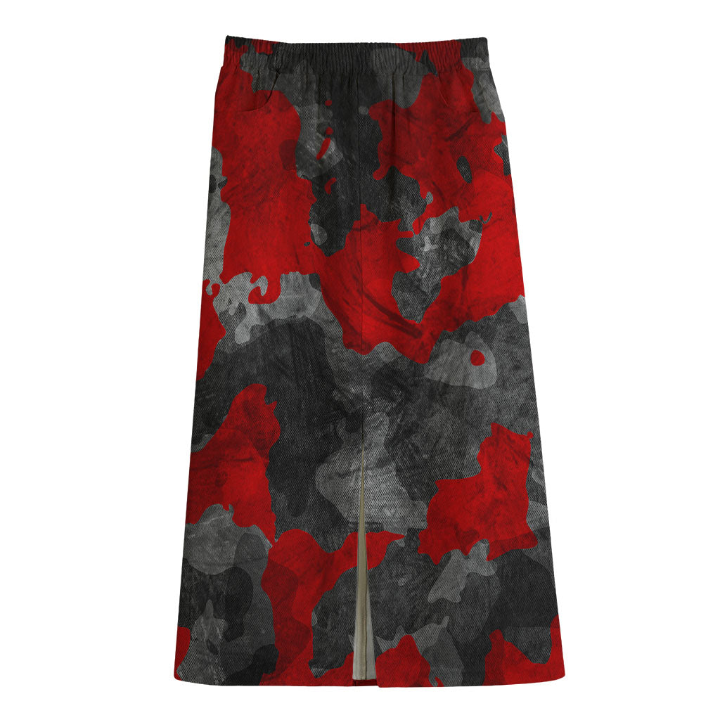 Black And Red Camouflage Print Cotton Front Slit Maxi Skirt