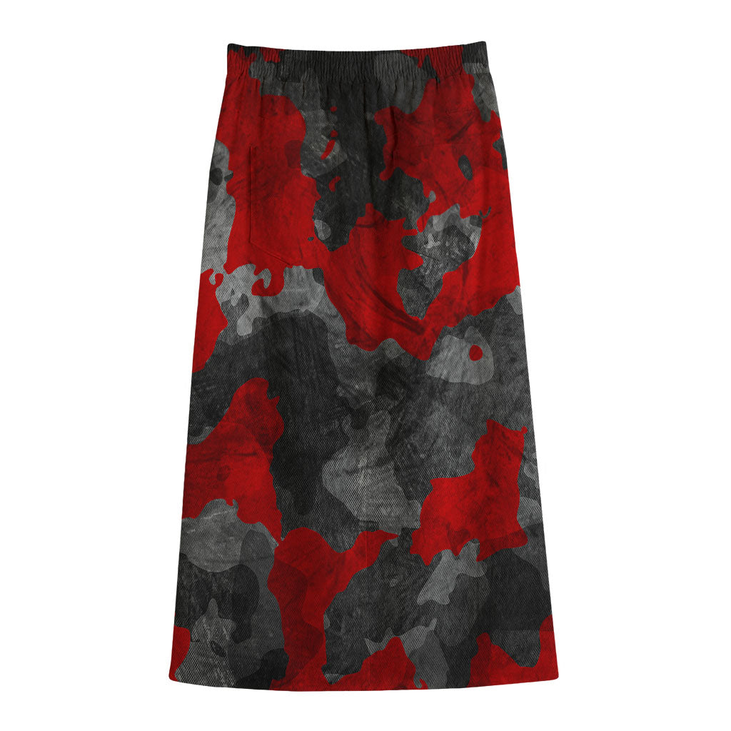 Black And Red Camouflage Print Cotton Front Slit Maxi Skirt