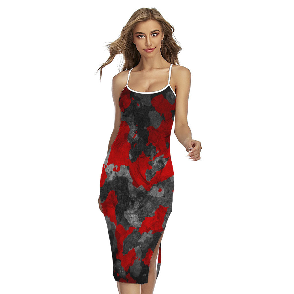 Black And Red Camouflage Print Cross Back Cami Dress