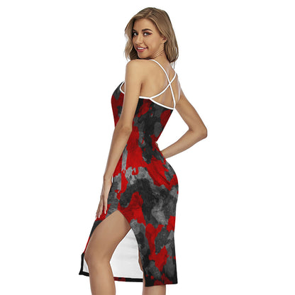 Black And Red Camouflage Print Cross Back Cami Dress