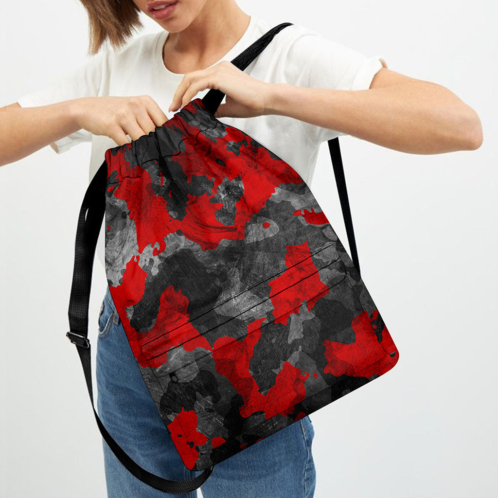 Black And Red Camouflage Print Drawstring Backpack