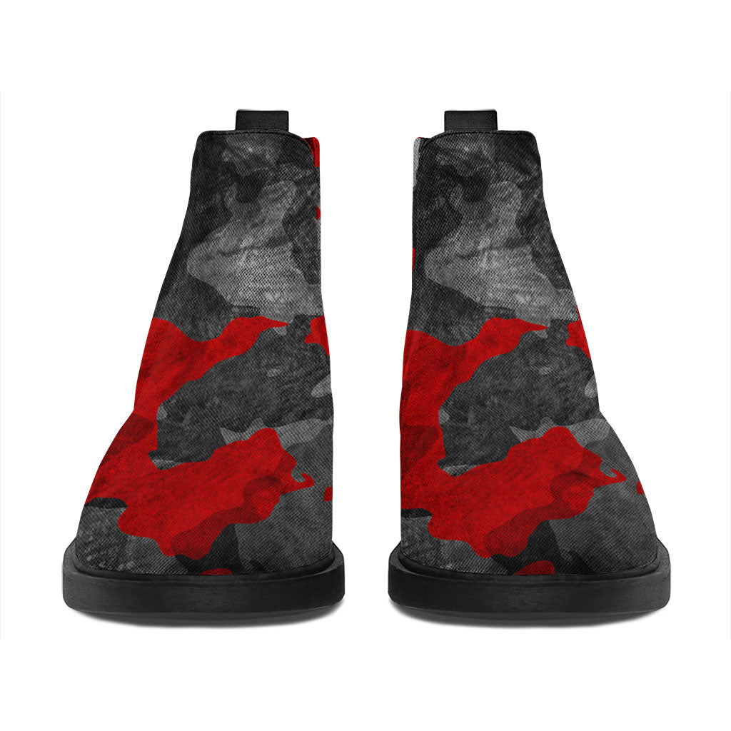 Black And Red Camouflage Print Flat Ankle Boots