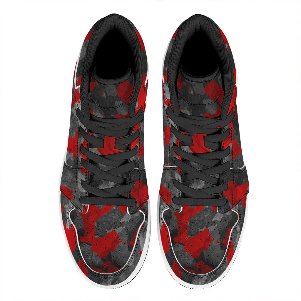 Black And Red Camouflage Print High Top Leather Sneakers