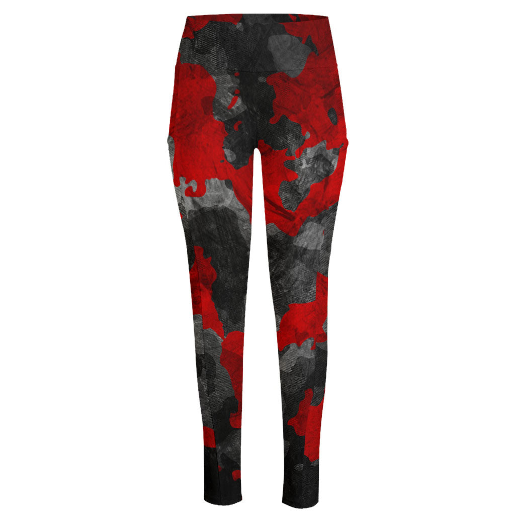 Black And Red Camouflage Print High-Waisted Pocket Leggings