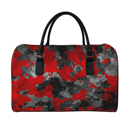 Black And Red Camouflage Print Leather Duffle Bag