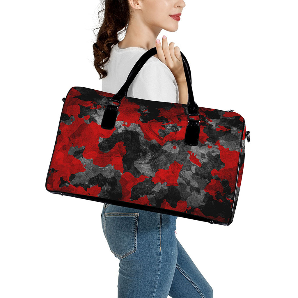 Black And Red Camouflage Print Leather Duffle Bag