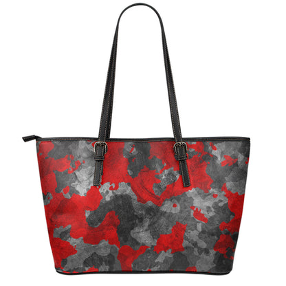 Black And Red Camouflage Print Leather Tote Bag