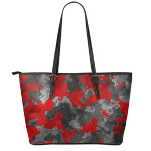 Black And Red Camouflage Print Leather Tote Bag