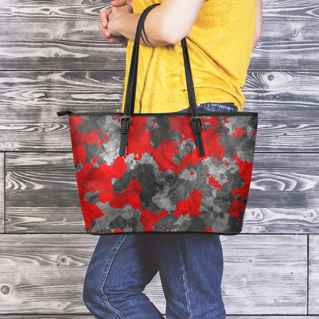 Black And Red Camouflage Print Leather Tote Bag