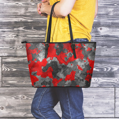Black And Red Camouflage Print Leather Tote Bag