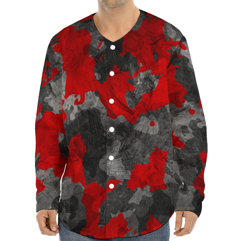 Black And Red Camouflage Print Long Sleeve Baseball Jersey