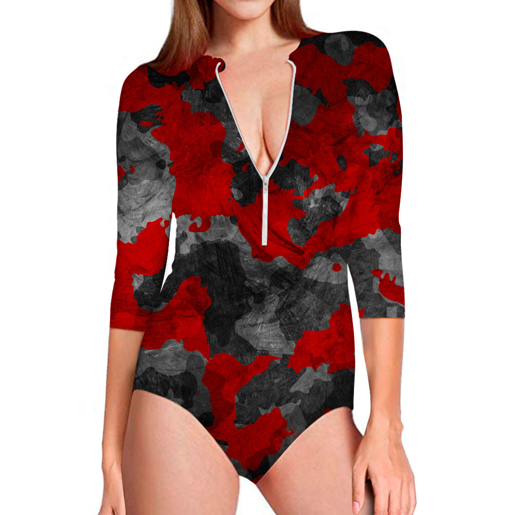 Black And Red Camouflage Print Long Sleeve Swimsuit