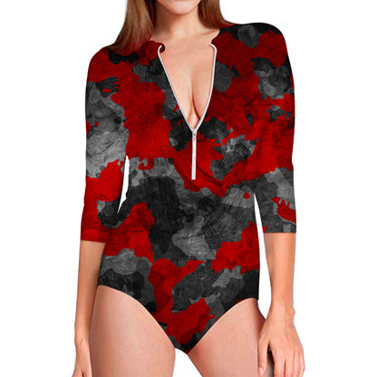 Black And Red Camouflage Print Long Sleeve Swimsuit