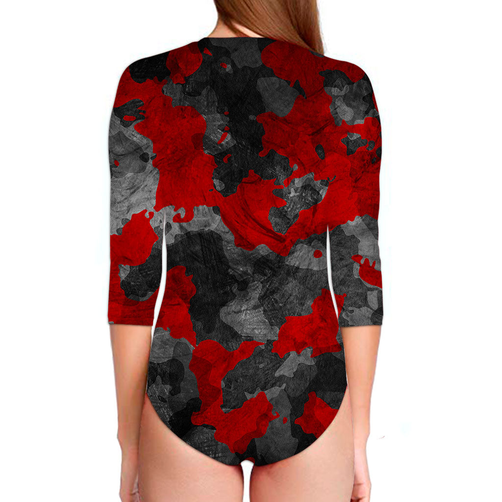 Black And Red Camouflage Print Long Sleeve Swimsuit