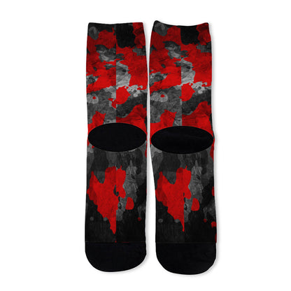 Black And Red Camouflage Print Long Socks
