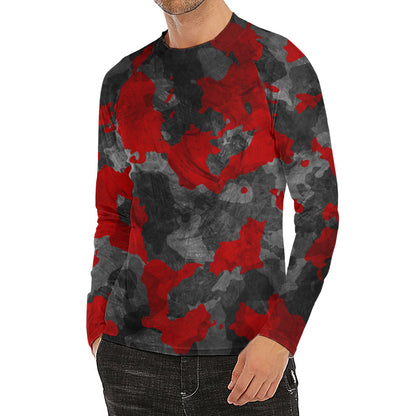 Black And Red Camouflage Print Men's Long Sleeve Rash Guard