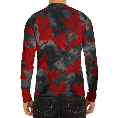 Black And Red Camouflage Print Men's Long Sleeve Rash Guard
