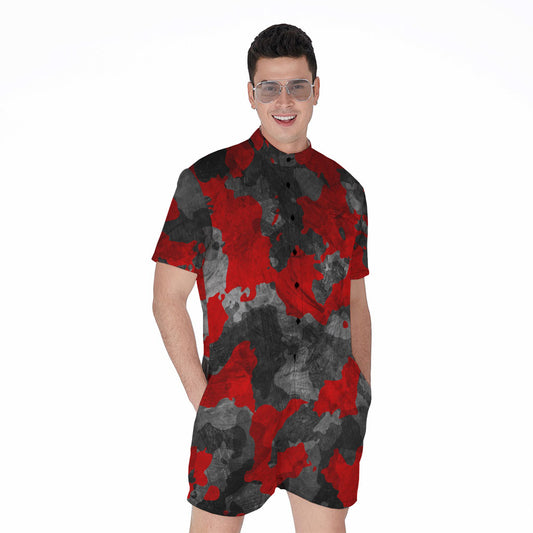 Black And Red Camouflage Print Men's Rompers